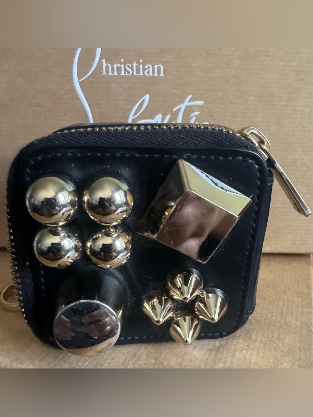 Christian Louboutin Black Leather Studded Mini Zip Key Dog Pouch